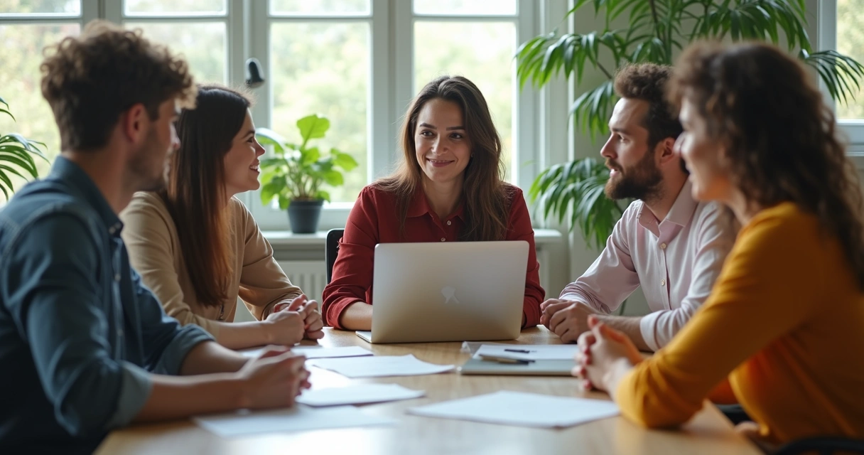 Small group of coworkers in casual meeting, supportive atmosphere 