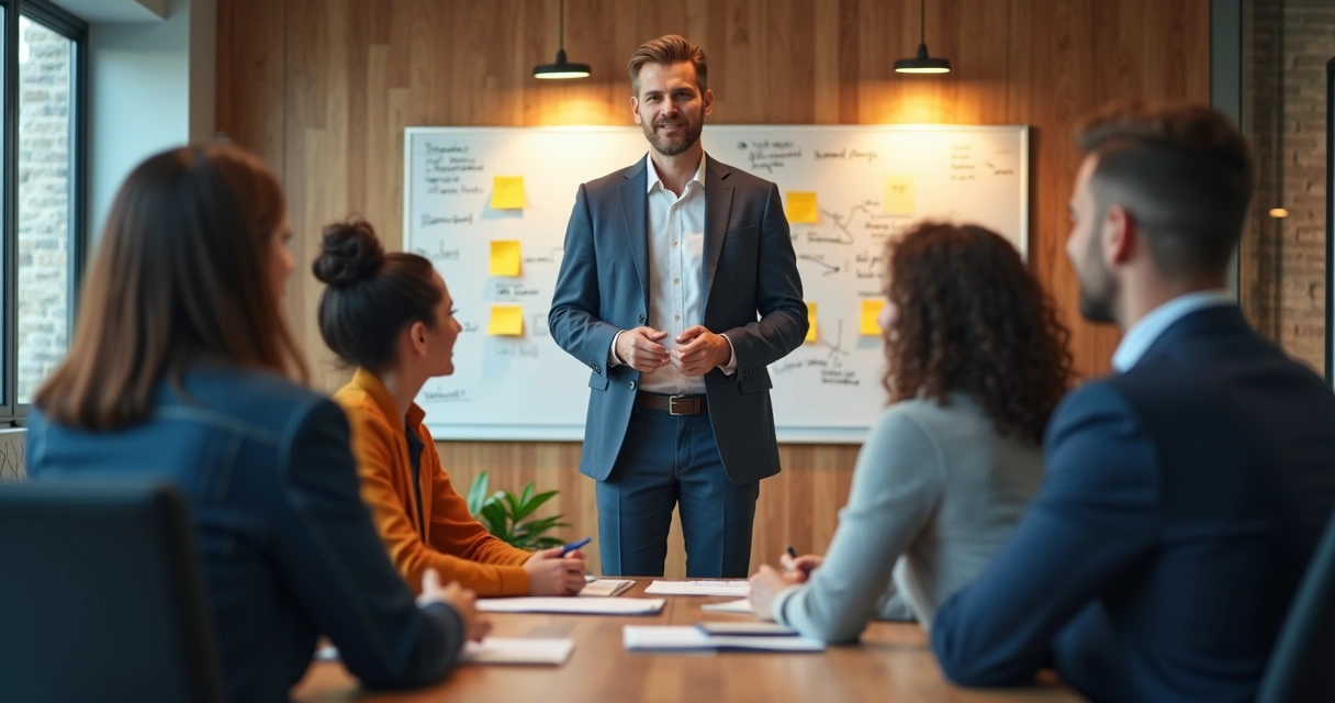 Team leader giving feedback and encouragement during a workshop 