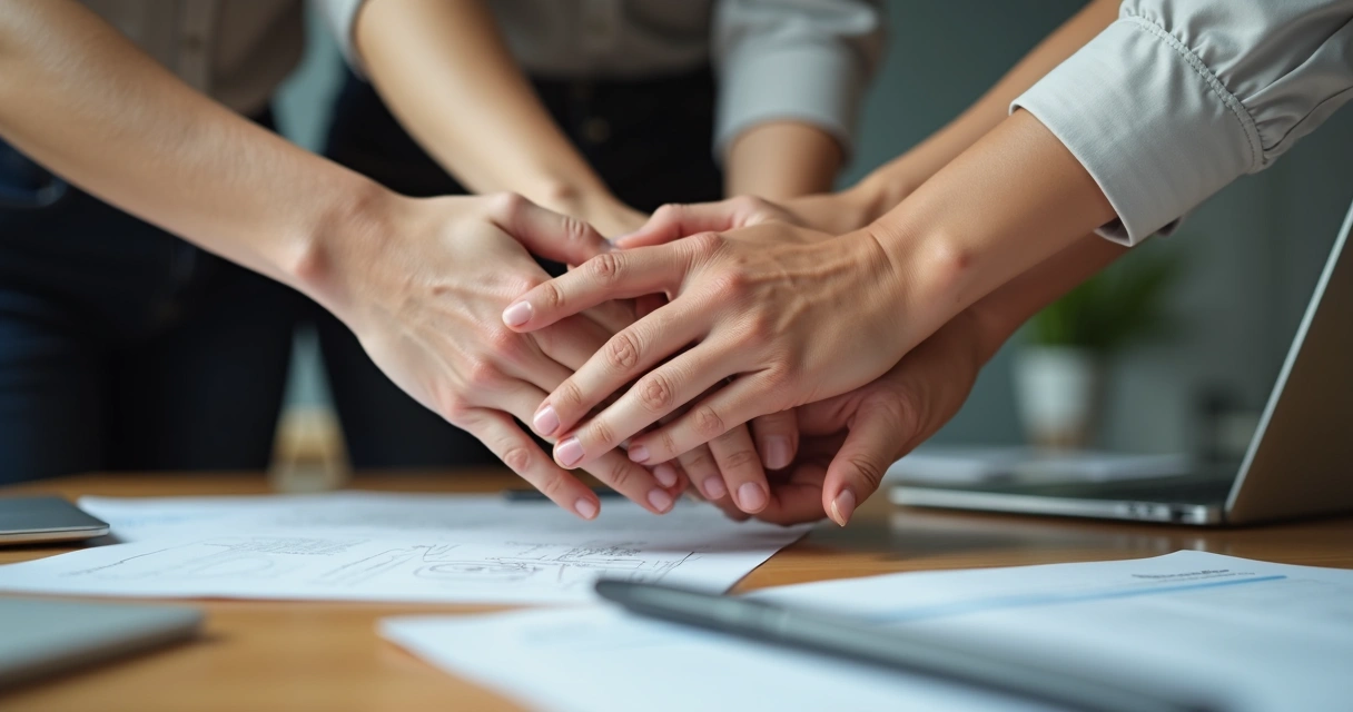 Multiple hands stacked together in support 