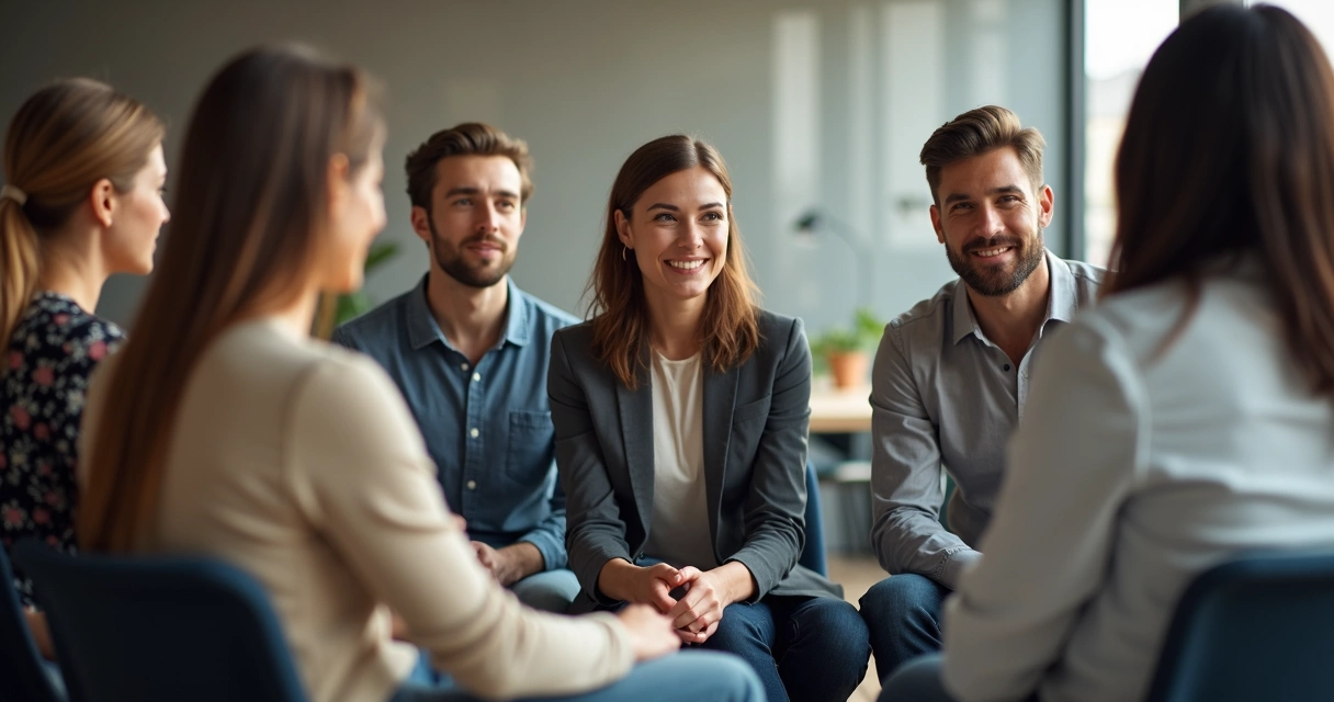 A group of diverse coworkers sitting together in a circle at a modern office, engaged in a supportive conversation