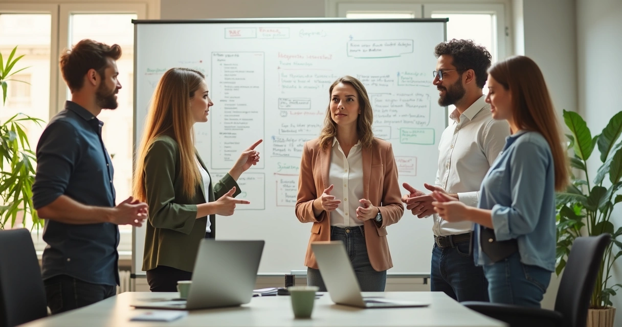 Small team gathered around a workboard in a bright office