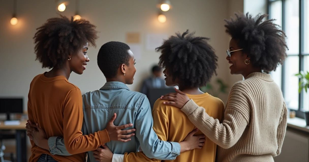 Office team standing together, supporting each other with a hand on each other's shoulders 