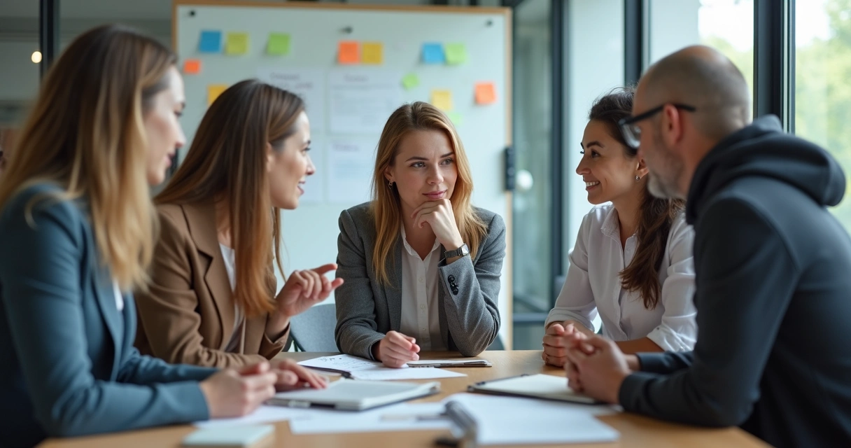 Team gathering to support leader during meeting