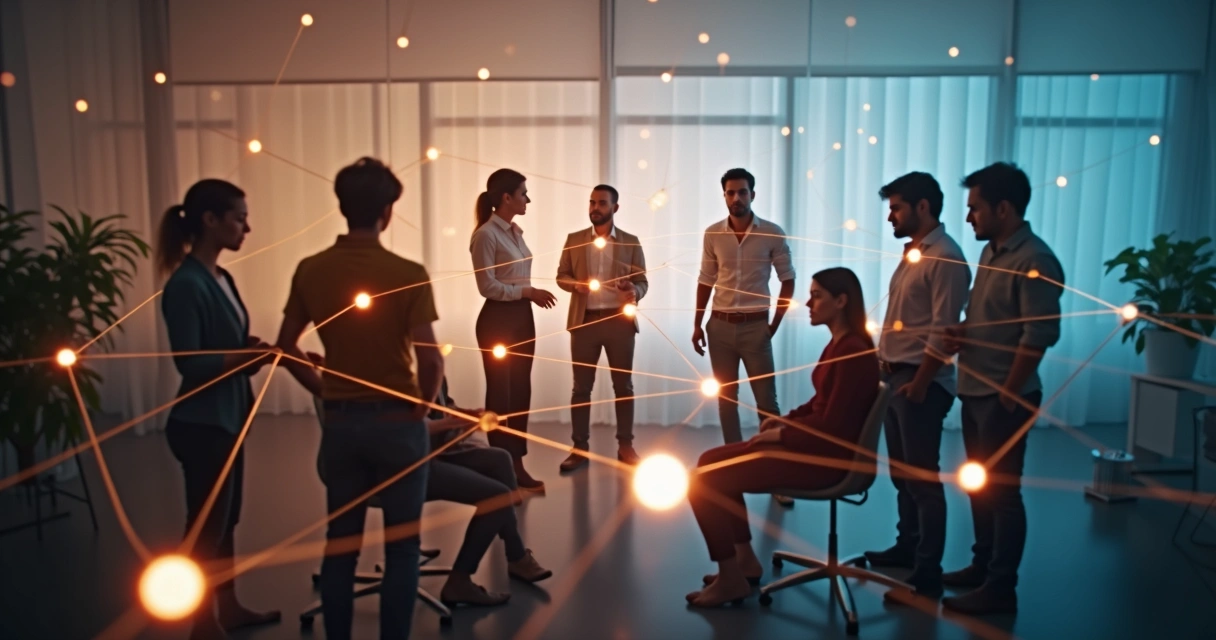 Team members connected by lines in web pattern showing interaction 