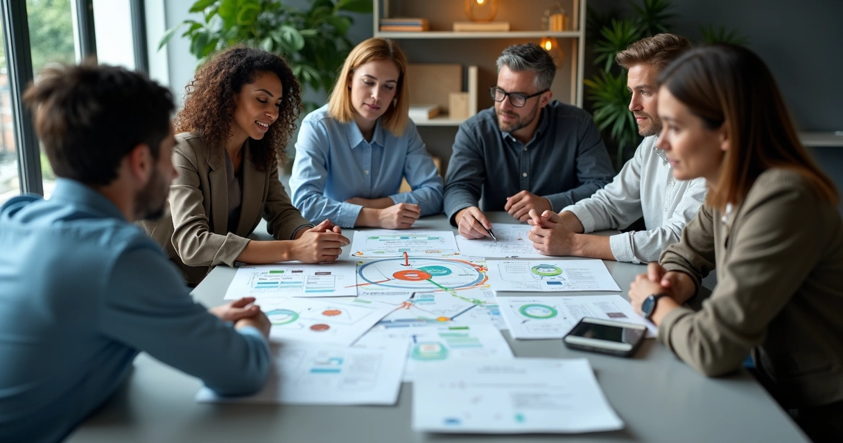 Team reviewing a system map in a modern office 