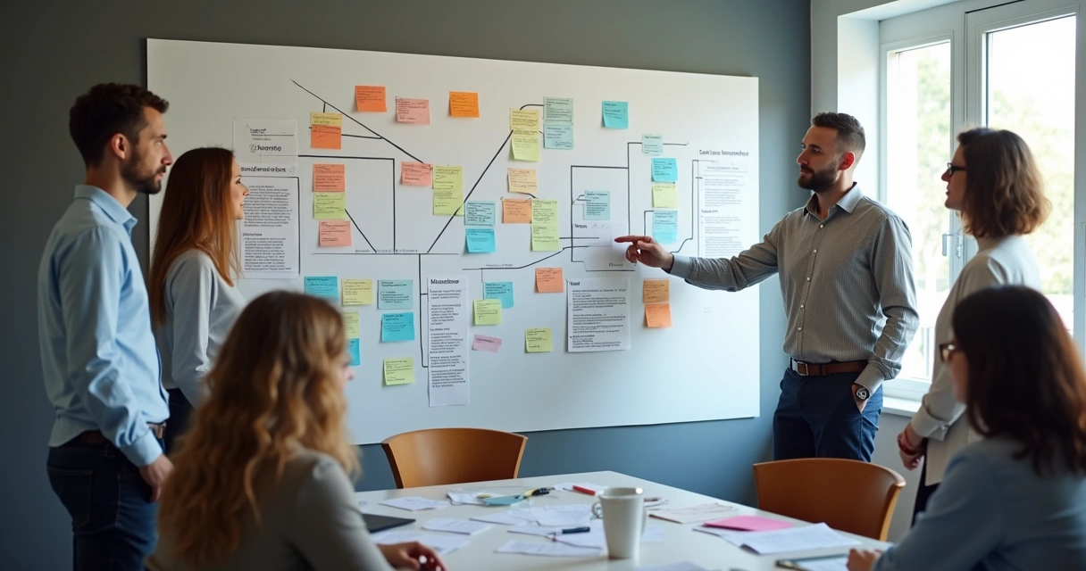 Team mapping session with role markers on a wall