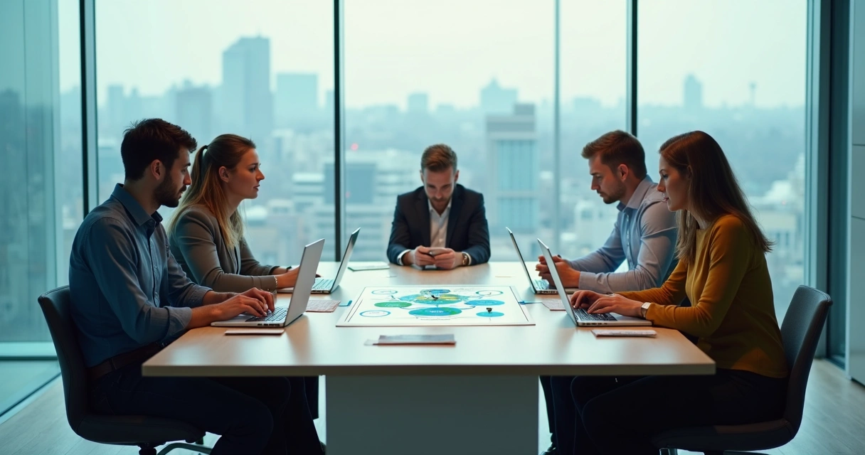 Business team at conference table split between connected and disconnected sides 