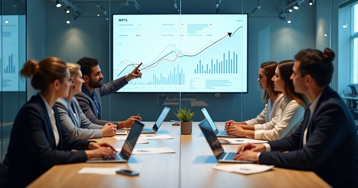 Business team in meeting room with hidden shadow webs around them 