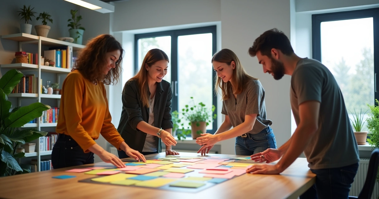 Team members in a bright office, arranging colored cards on a table 