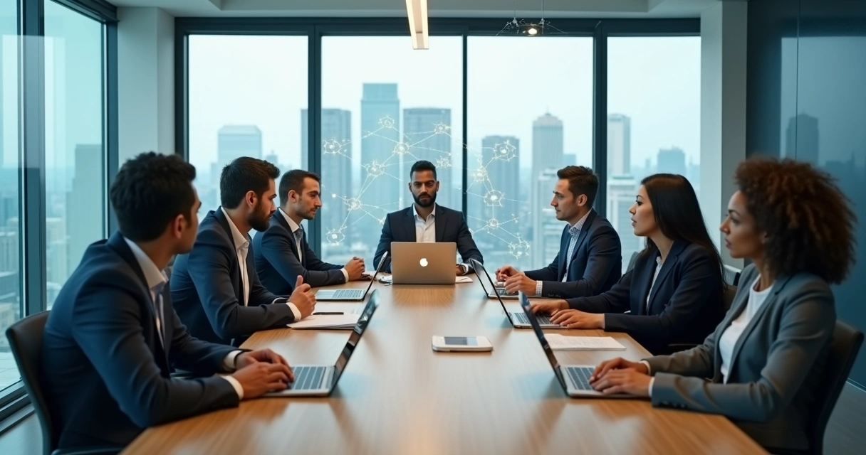 Business team in tense meeting with visible systemic connections overlay 
