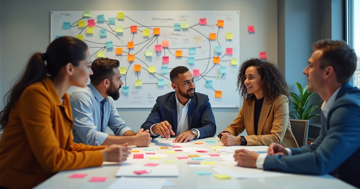 Colleagues in a meeting room, engaging in a workshop with sticky notes and flowcharts representing team connections on a wall. 
