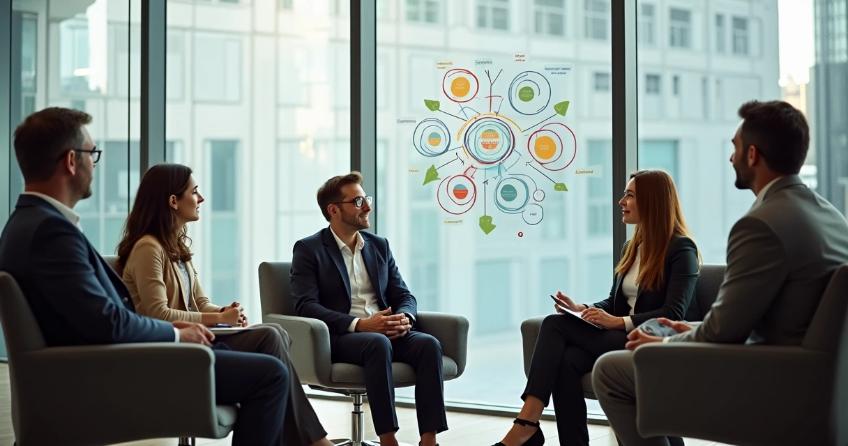Team holding a dialogue in a modern office setting, discussing systemic empathy
