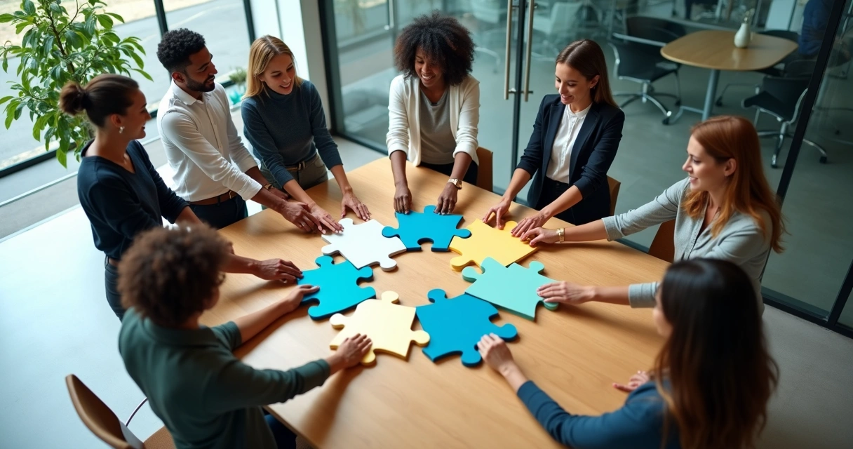 Diverse team in a circle connecting puzzle pieces on a table 