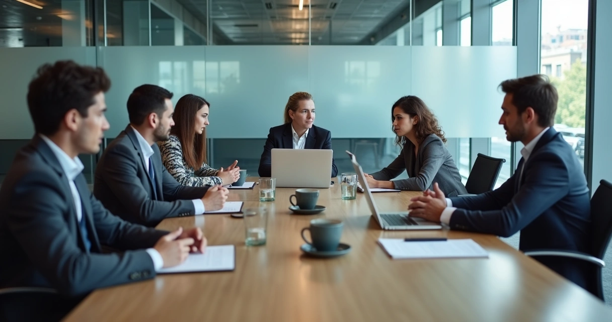 Team sitting in a tense meeting room with guarded body language
