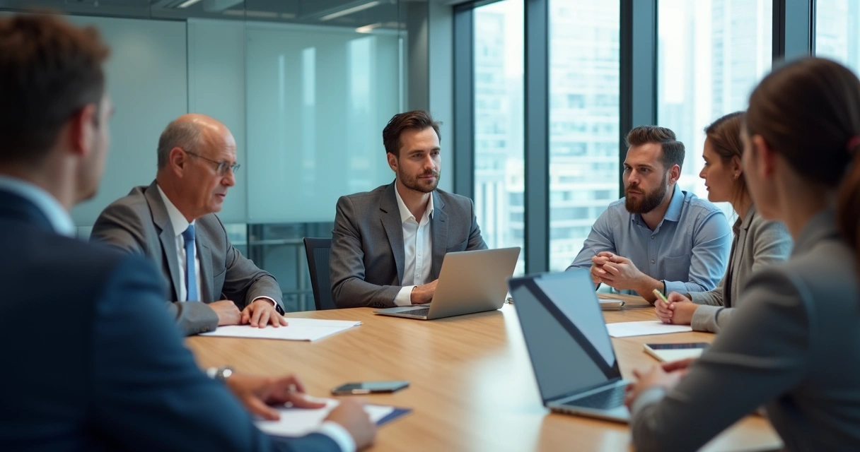 Team in a tense office meeting with papers and serious expressions