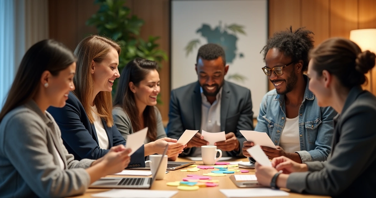 Team gathered around table with handwritten thank-you notes 
