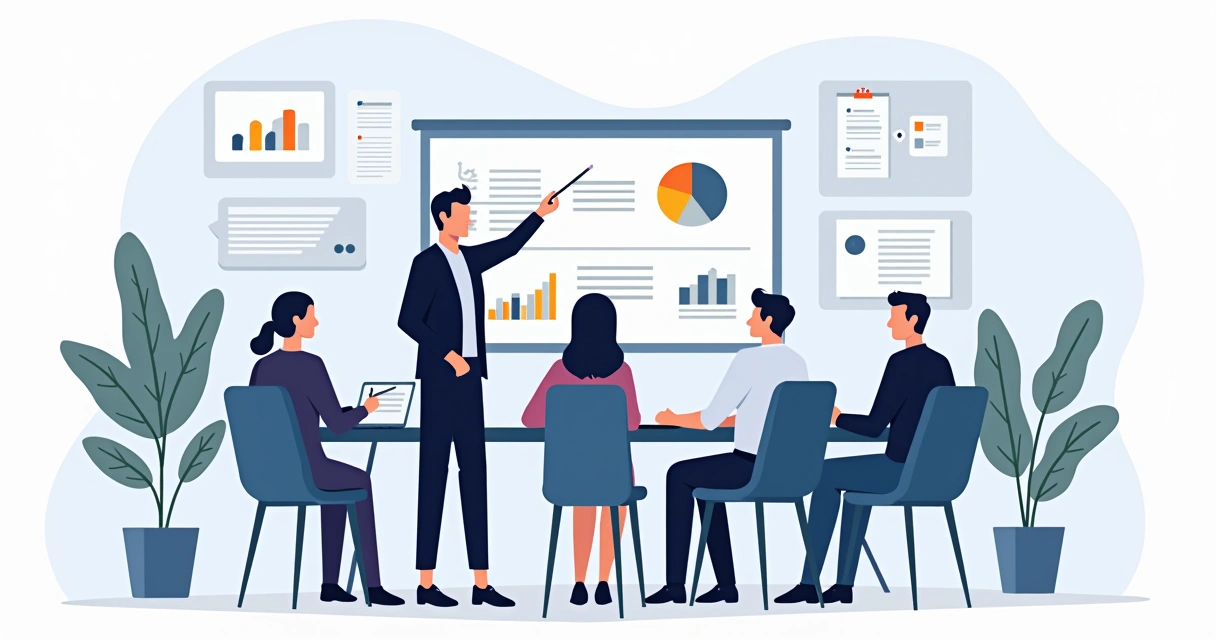 Office team gathered for e-signature user training with digital screens and charts