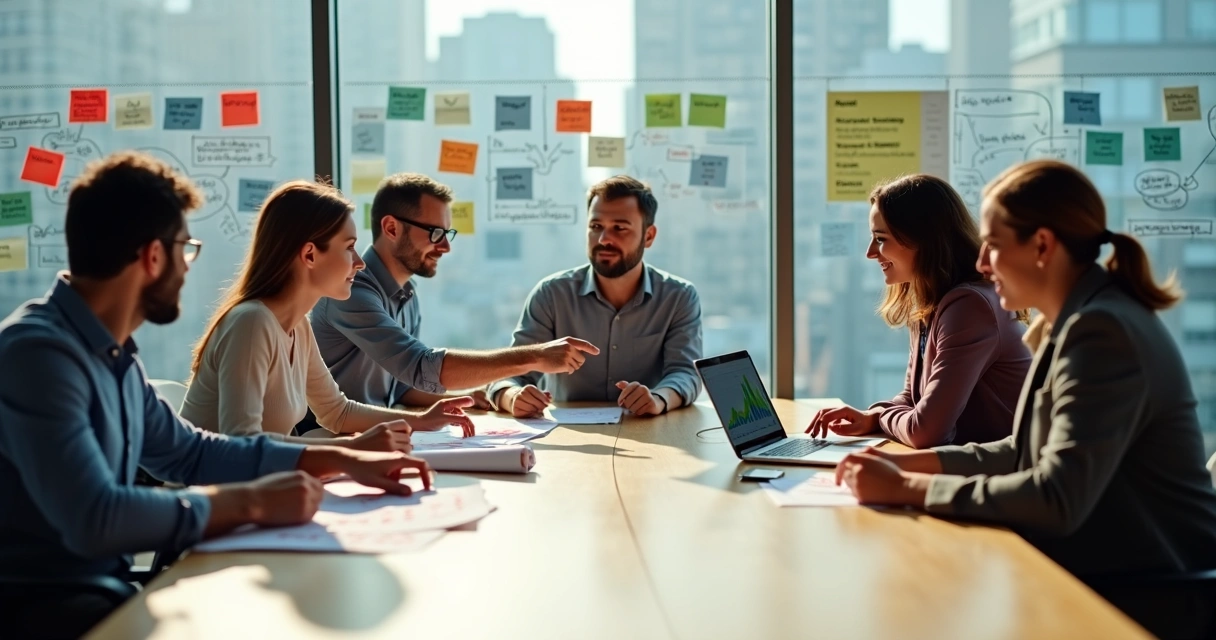 Modern diverse team in a meeting room shifting from blame to collaboration 