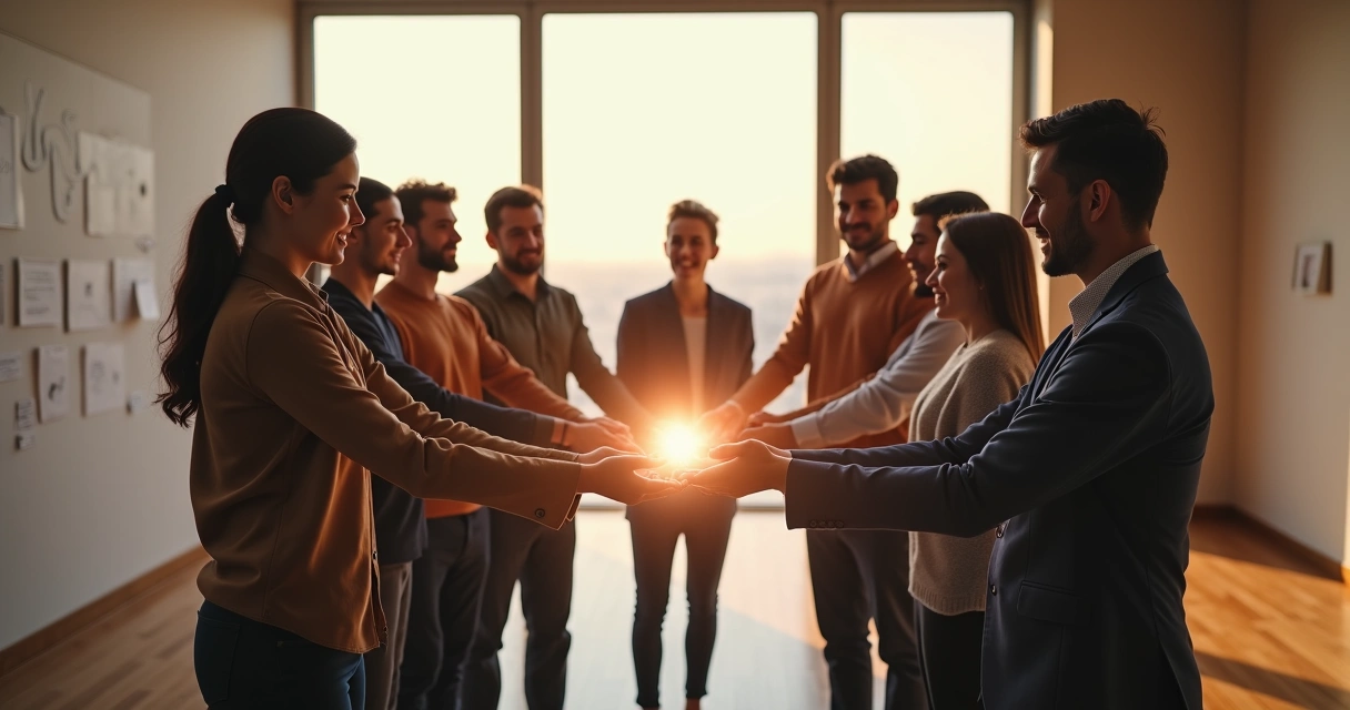 Team standing in a circle with soft light connecting their joined hands 