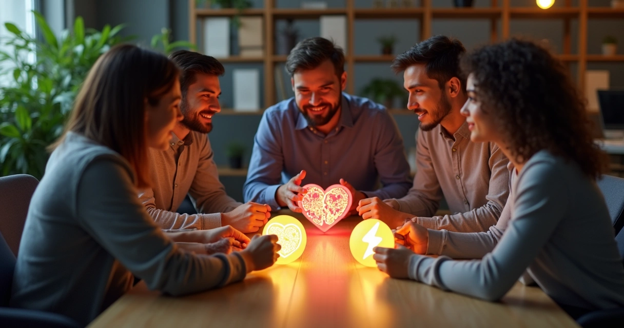 Team around a table, balancing mind, heart, and action symbols 