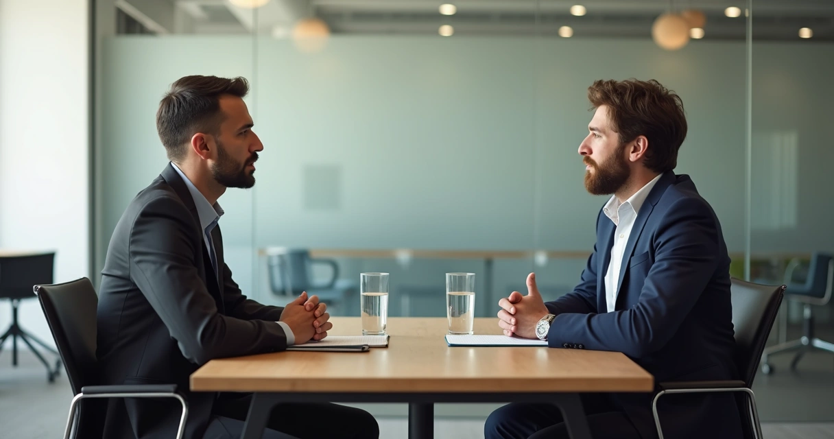 Two colleagues having a calm trust repair conversation at a table 