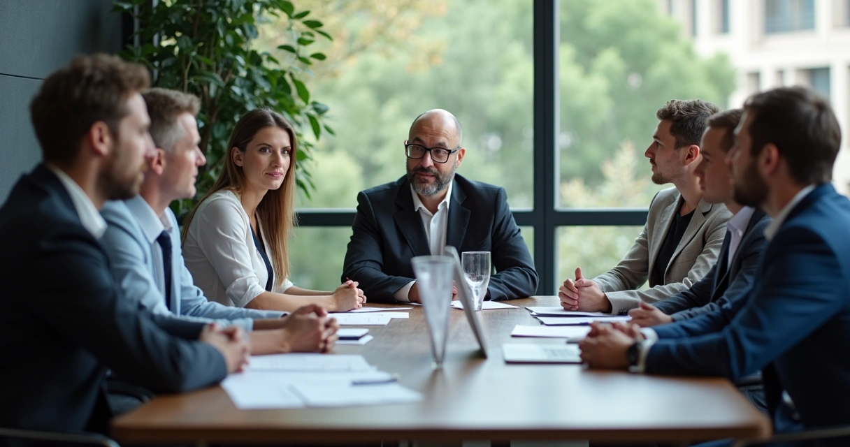 Team sitting around a table in discussion, some papers and laptops, body language shows concern and openness 