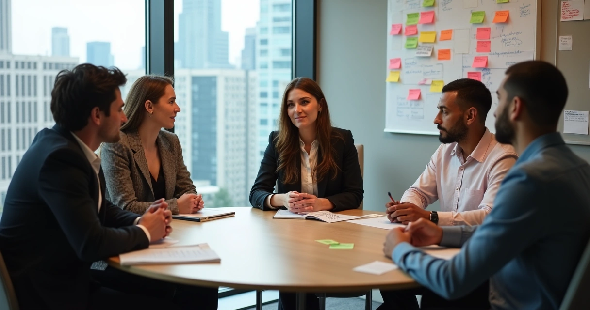 Team members sitting at a round table, in a discussion with thoughtful faces