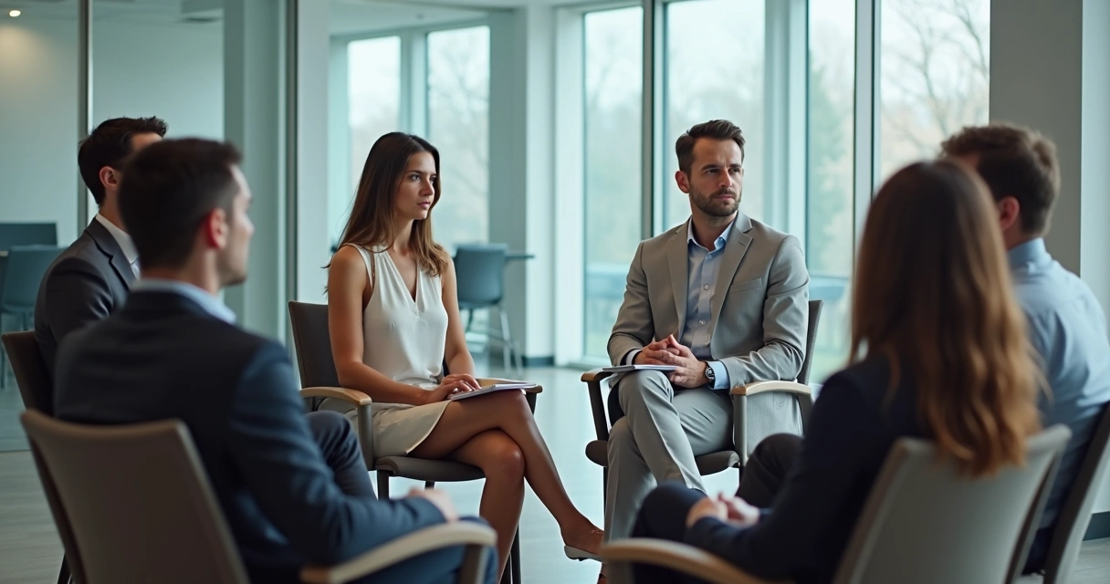 Team in a quiet office meeting after conflict