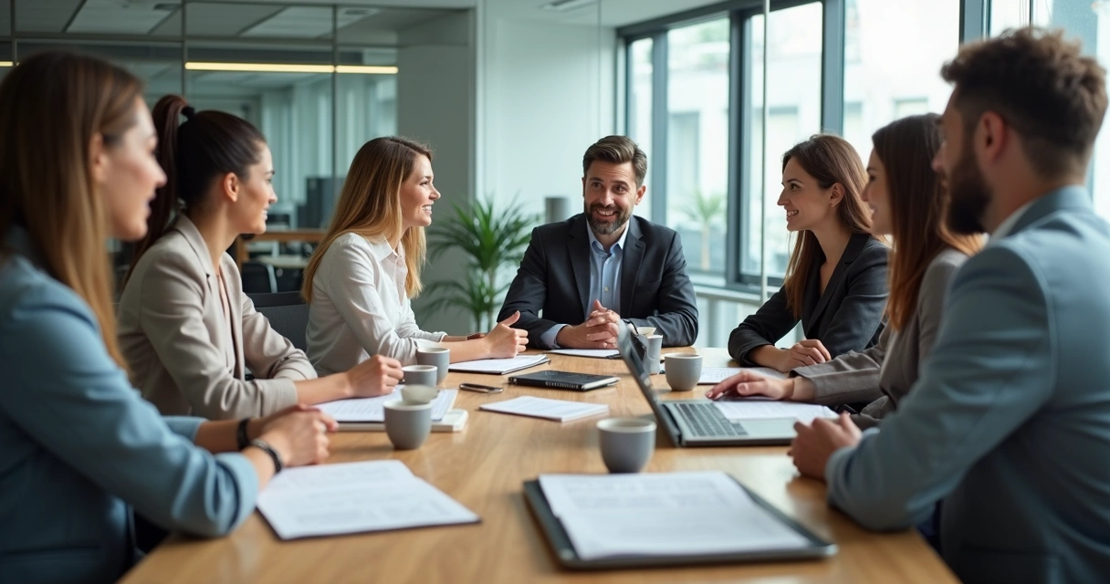 Team in a meeting sharing ideas openly