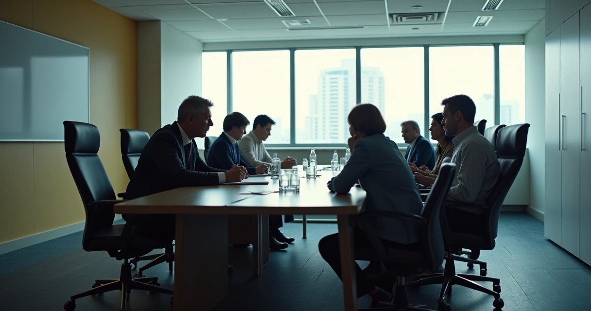 Multiple team members leaving a conference table while a few remain 