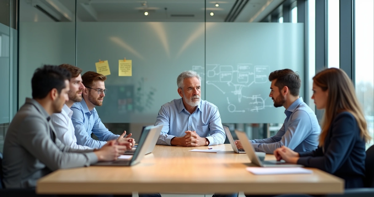 Business team around table with one member subtly mirroring a senior leader 