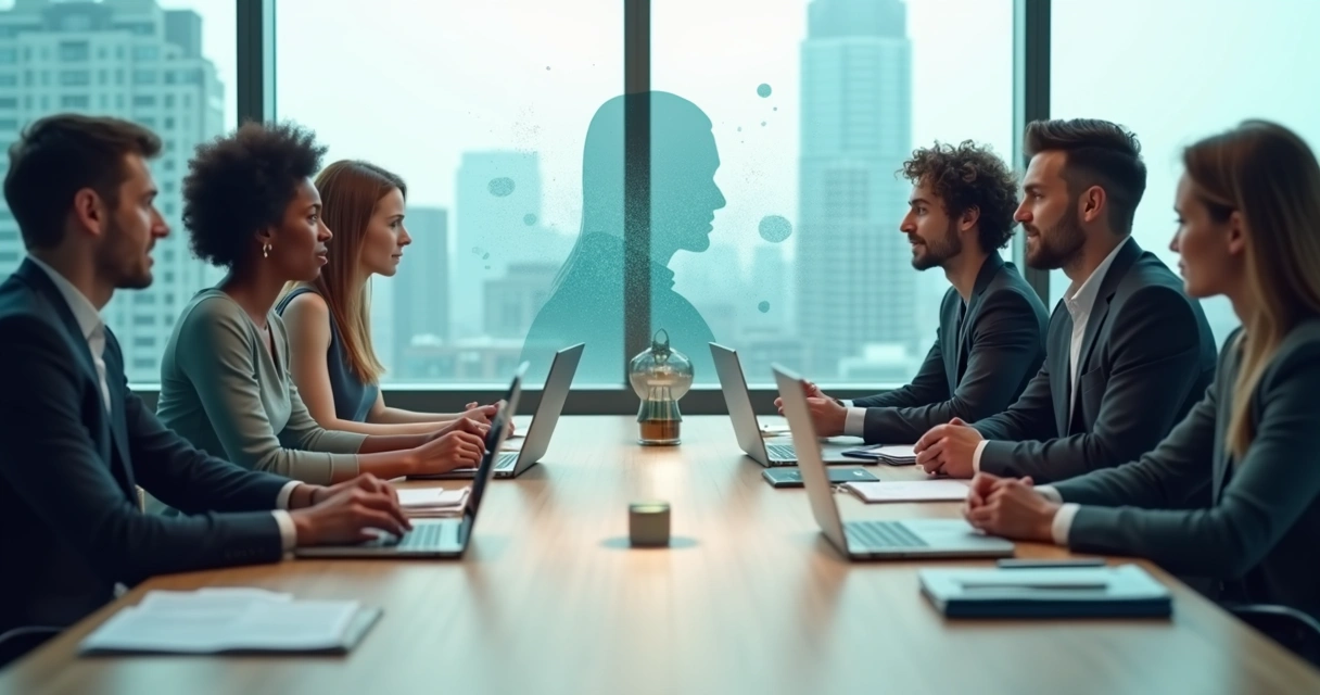 Business team around table with translucent silhouettes representing unconscious patterns 
