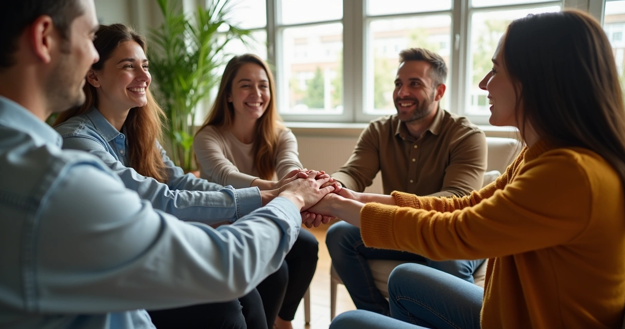 Team members connecting hands in a circle during a session 