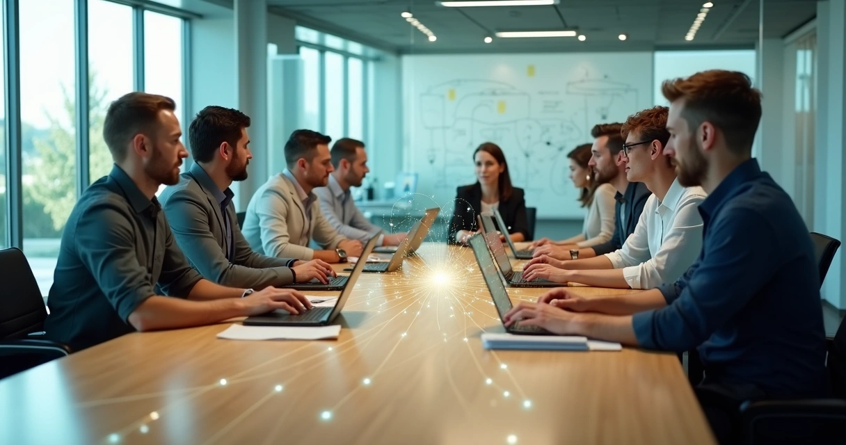 Diverse office team connected by subtle glowing lines in a meeting room 