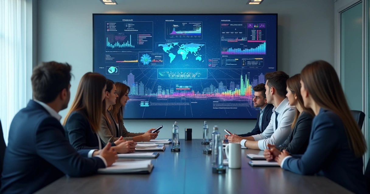 Business team viewing AI analytics dashboard on big screen 