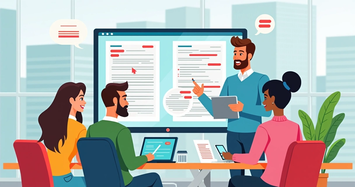 Multinational team collaborating on contract platform