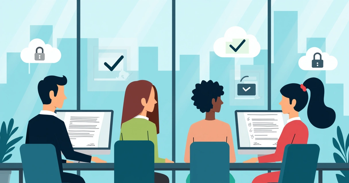 Team of professionals reviewing electronic signed contracts on computers in modern office 