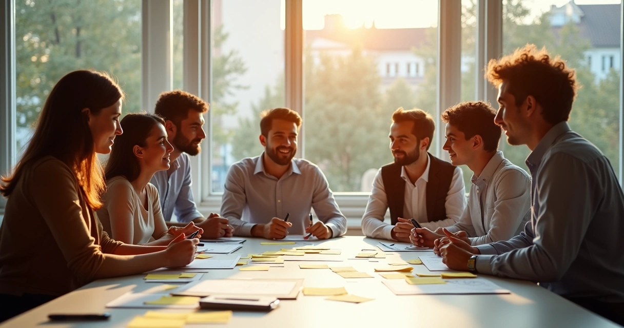 Diverse team around table with sticky notes brainstorming