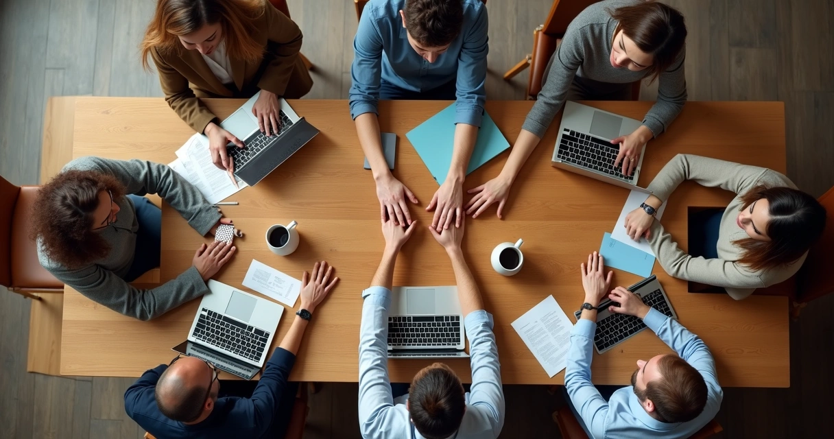 Team members connecting and supporting each other at a table 