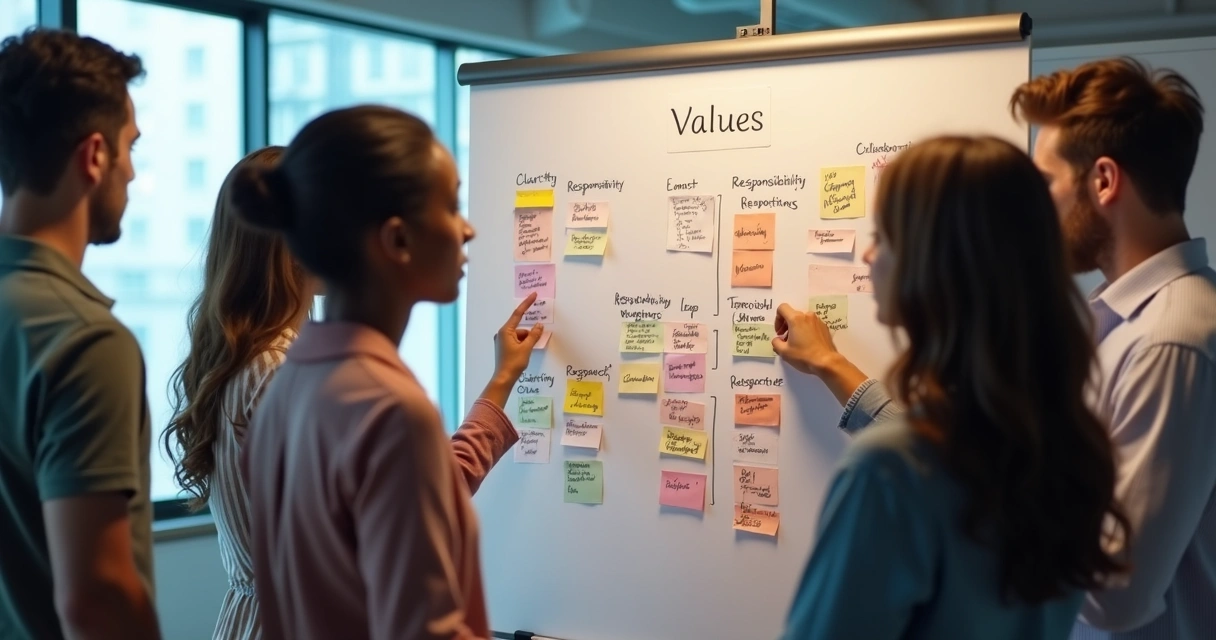 Team discussing shared values beside a board with value cards 