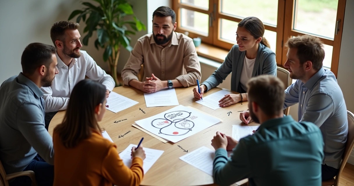 Group in a circle discussing shared values on a table with notes and symbols