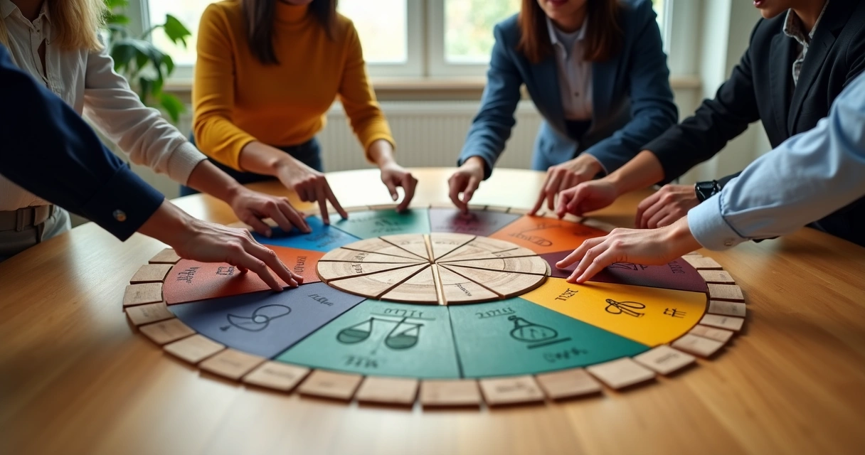 Team around table arranging colorful wooden tiles into a shared compass shape 