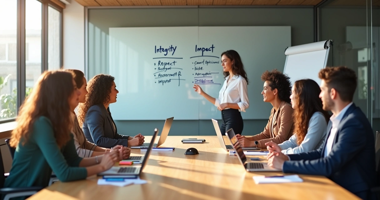 Diverse team in a meeting room aligning work decisions to shared values 