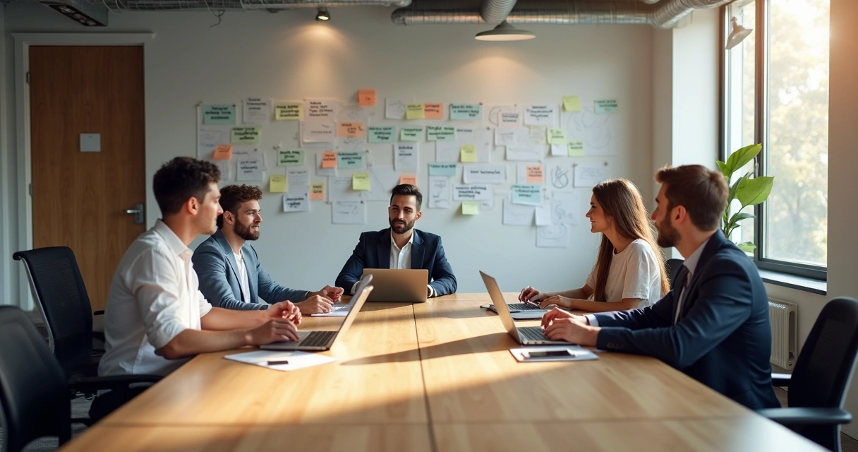 Team gathered discussing values with notes and diagrams on wall
