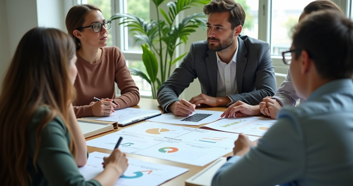 Small team reviewing values and strategy around a table 