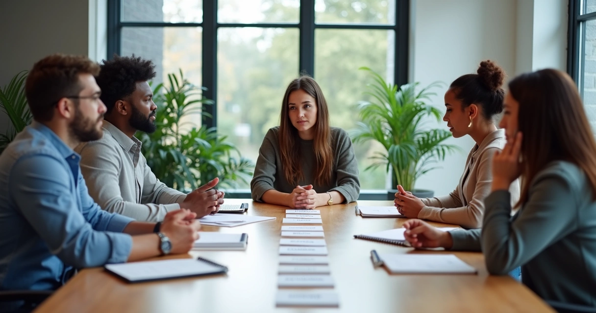 Team discussing values around a conference table