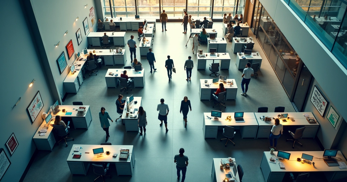 Aerial view of office workers navigating a maze shaped like a company logo 