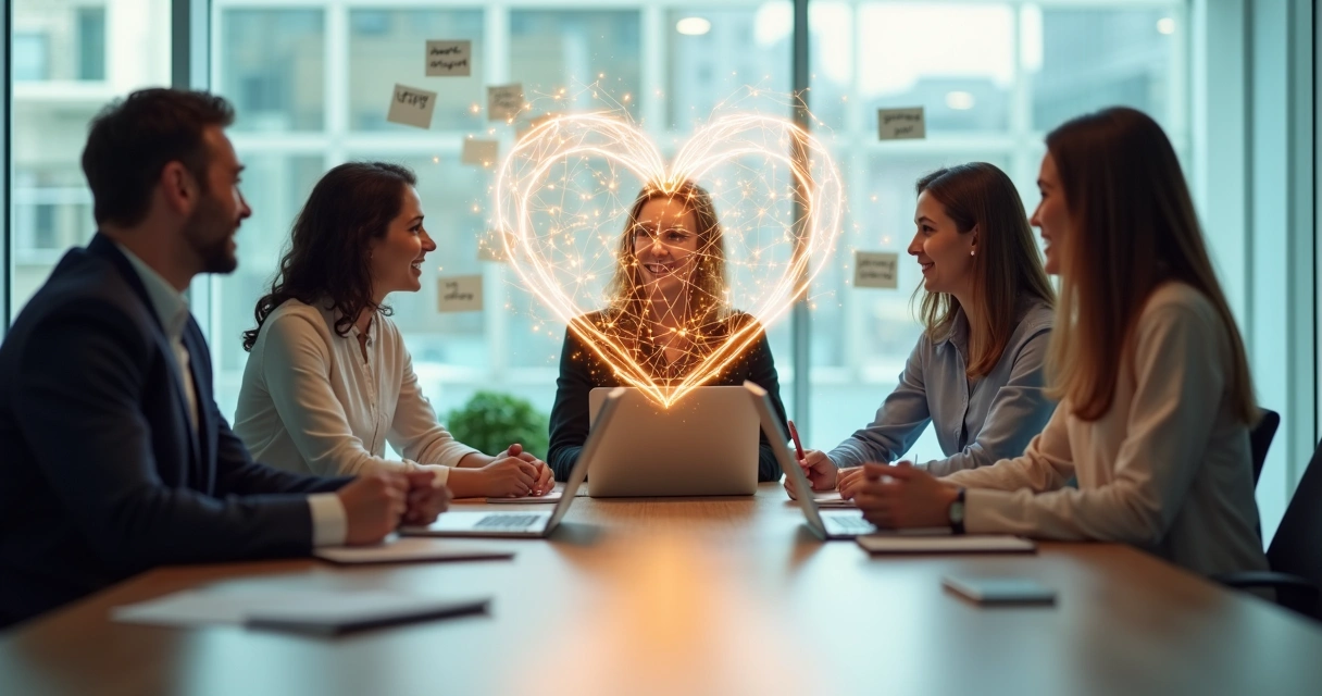 Diverse team in a modern office connected by glowing lines forming a heart-shaped network 