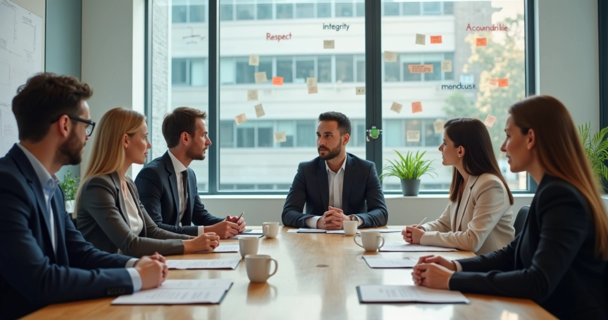 Team discussing workplace values in a meeting room