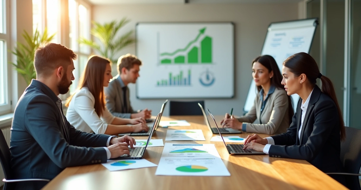 Team reviewing people-first business metrics in a meeting room 